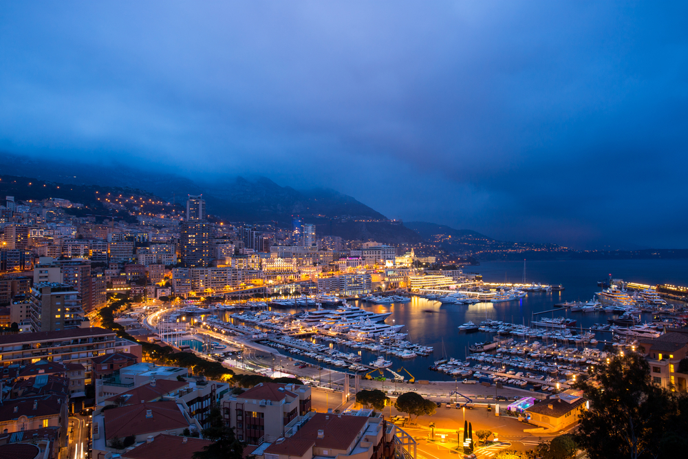 Monaco at night on a Monaco yacht charter